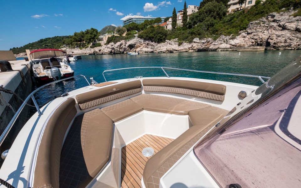 Private boat rental Dubrovnik seating and bay view